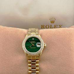 Pre Owned Rolex President 6917 Automatic Green Malachite and 18K Yellow Gold Women's Wristwatch 26 mm