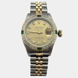 Pre Owned Rolex Datejust 69173 Automatic Diamond Emerald 18K Yellow Gold Women's Wristwatch 26mm