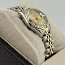 Pre Owned Rolex Datejust 69173 Automatic Diamond Emerald 18K Yellow Gold Women's Wristwatch 26mm