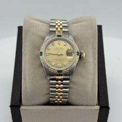 Pre Owned Rolex Datejust 69173 Automatic Diamond Emerald 18K Yellow Gold Women's Wristwatch 26mm