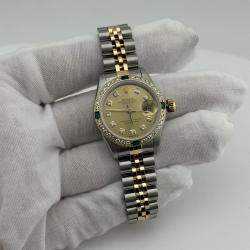 Pre Owned Rolex Datejust 69173 Automatic Diamond Emerald 18K Yellow Gold Women's Wristwatch 26mm