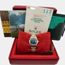 Pre Owned Rolex Datejust 69173 Automatic Blue Vignette Diamond 18K Yellow Gold Stainless Steel Women's Wristwatch 26 mm