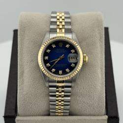 Pre Owned Rolex Datejust 69173 Automatic Blue Vignette Diamond 18K Yellow Gold Stainless Steel Women's Wristwatch 26 mm