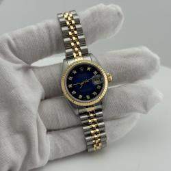 Pre Owned Rolex Datejust 69173 Automatic Blue Vignette Diamond 18K Yellow Gold Stainless Steel Women's Wristwatch 26 mm
