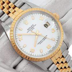 Pre Owned Rolex Date 15223 Automatic White 18k Yellow Gold Stainless Steel Women's Wristwatch 34 mm