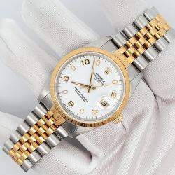 Pre Owned Rolex Date 15223 Automatic White 18k Yellow Gold Stainless Steel Women's Wristwatch 34 mm