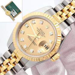 Pre Owned Rolex Datejust 179173 Automatic Champagne Diamond 18k Yellow Gold Stainless Steel Women's Wristwatch 26 mm