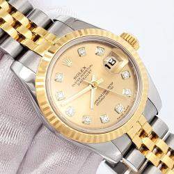 Pre Owned Rolex Datejust 179173 Automatic Champagne Diamond 18k Yellow Gold Stainless Steel Women's Wristwatch 26 mm