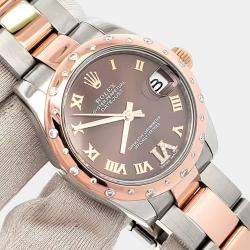 Pre Owned Rolex Datejust 178341 Automatic Diamond Chocolate 18k Rose Gold Stainless Steel Women's Wristwatch 31 mm