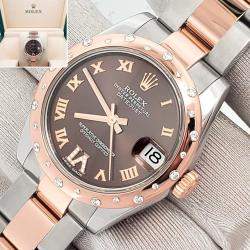 Pre Owned Rolex Datejust 178341 Automatic Diamond Chocolate 18k Rose Gold Stainless Steel Women's Wristwatch 31 mm