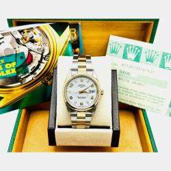 Pre Owned Rolex Oyster Perpetual Date 15203 Automatic White Arabic Dial 18K Yellow Gold Stainless Steel Women's Wristwatch 34mm