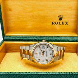 Pre Owned Rolex Oyster Perpetual Date 15203 Automatic White Arabic Dial 18K Yellow Gold Stainless Steel Women's Wristwatch 34mm