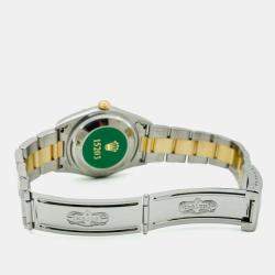 Pre Owned Rolex Oyster Perpetual Date 15203 Automatic White Arabic Dial 18K Yellow Gold Stainless Steel Women's Wristwatch 34mm