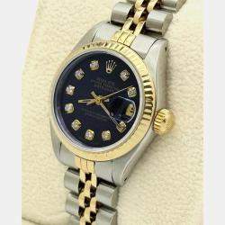Pre Owned Rolex Datejust 69173 Automatic Black Diamond Dial 18k Yellow Gold Stainless Steel Women's Wristwatch 26mm