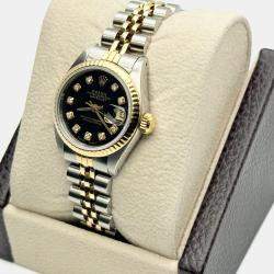 Pre Owned Rolex Datejust 69173 Automatic Black Diamond Dial 18k Yellow Gold Stainless Steel Women's Wristwatch 26mm