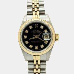 Pre Owned Rolex Datejust 69173 Automatic Black Diamond Dial 18k Yellow Gold Stainless Steel Women's Wristwatch 26mm