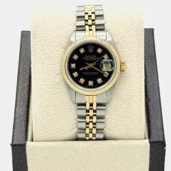 Pre Owned Rolex Datejust 69173 Automatic Black Diamond Dial 18k Yellow Gold Stainless Steel Women's Wristwatch 26mm