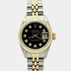 Pre Owned Rolex Datejust 69173 Automatic Black Diamond Dial 18k Yellow Gold Stainless Steel Women's Wristwatch 26mm