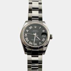 Pre Owned Rolex Datejust 178274 Automatic Black Roman Dial Stainless Steel 18k White Gold Women's Wristwatch 31mm
