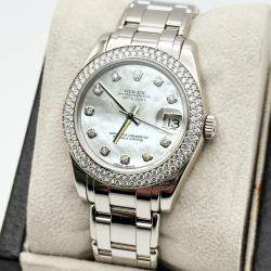 Pre Owned Rolex Datejust Pearlmaster 81339 Automatic Mother of Pearl Diamond Dial 18K White Gold Women's Wristwatch 34 mm