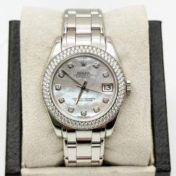 Pre Owned Rolex Datejust Pearlmaster 81339 Automatic Mother of Pearl Diamond Dial 18K White Gold Women's Wristwatch 34 mm