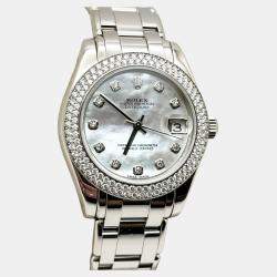 Pre Owned Rolex Datejust Pearlmaster 81339 Automatic Mother of Pearl Diamond Dial 18K White Gold Women's Wristwatch 34 mm