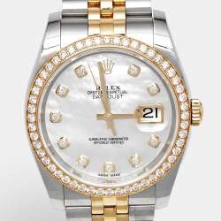 Pre Owned Rolex Datejust 116243-0018 White Mother Of Pearl Dial 18K Yellow Gold Stainless Steel Diamond Men's Wristwatch 36 mm