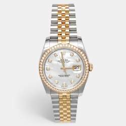 Pre Owned Rolex Datejust 116243-0018 White Mother Of Pearl Dial 18K Yellow Gold Stainless Steel Diamond Men's Wristwatch 36 mm