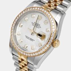 Pre Owned Rolex Datejust 116243-0018 White Mother Of Pearl Dial 18K Yellow Gold Stainless Steel Diamond Men's Wristwatch 36 mm