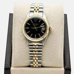 Pre Owned Rolex Date 6917 Automatic Black 14k Yellow Gold Stainless Steel Women's Wristwatch 26 mm