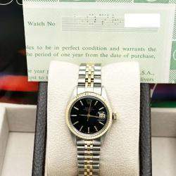 Pre Owned Rolex Date 6917 Automatic Black 14k Yellow Gold Stainless Steel Women's Wristwatch 26 mm