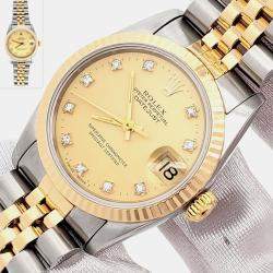 Pre Owned Rolex Datejust 68273 Automatic Factory Champagne Diamond Dial 18k Yellow Gold Stainless Steel Women's Wristwatch 31 mm