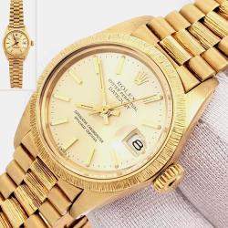 Pre Owned Rolex President Datejust 6927 Automatic Bark Finish 18k Yellow Gold Women's Wristwatch 26 mm