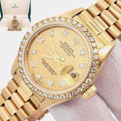 Pre Owned Rolex President Datejust 69138 Automatic Champagne Diamond Dial & Bezel Yellow Gold Women's Wristwatch 26 mm