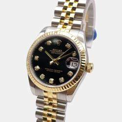 Pre Owned Rolex Datejust 178273 Automatic Black Dial Stainless Steel 18k Yellow Gold Diamond Women's Wristwatch 31mm