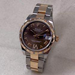 Pre Owned Rolex Datejust 178341 Automatic Brown Dial 18k Rose Gold Stainless Steel Diamond Women's Wristwatch 31mm