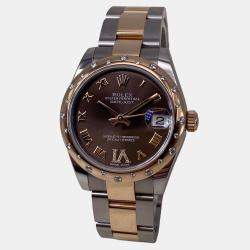 Pre Owned Rolex Datejust 178341 Automatic Brown Dial 18k Rose Gold Stainless Steel Diamond Women's Wristwatch 31mm