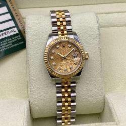 Pre Owned Rolex Datejust 179173 Automatic Champagne Diamond Dial Stainless Steel 18k Yellow Gold Women's Wristwatch 26mm