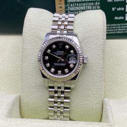 Pre Owned Rolex Datejust 179174 Automatic Black Diamond Dial Stainless Steel 18k White Gold Women's Wristwatch 26mm