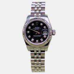 Pre Owned Rolex Datejust 179174 Automatic Black Diamond Dial Stainless Steel 18k White Gold Women's Wristwatch 26mm