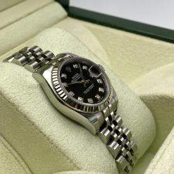 Pre Owned Rolex Datejust 179174 Automatic Black Diamond Dial Stainless Steel 18k White Gold Women's Wristwatch 26mm