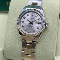 Pre Owned Rolex Datejust 179174 Automatic Silver Diamond Dial Stainless Steel Women's Wristwatch 26mm