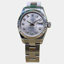 Pre Owned Rolex Datejust 179174 Automatic Silver Diamond Dial Stainless Steel Women's Wristwatch 26mm