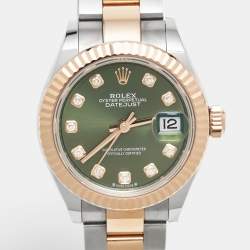 Pre Owned Rolex Datejust M279171-0008 Olive Green Dial Diamond 18K Everose Gold Oystersteel Women's Wristwatch 28 mm