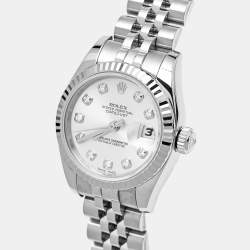 Pre Owned Rolex Datejust 179174 Silver Dial Diamond 18K White Gold Stainless Steel Women's Wristwatch 26 mm