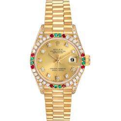 Rolex Champagne Diamonds 18K Yellow Gold Ruby And Emerald President Datejust 69038 Women's Wristwatch 26 MM