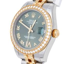Pre Owned Rolex Green 18K Yellow Gold & Stainless Steel Diamond Datejust 178383 Automatic Women's Wristwatch 31 mm