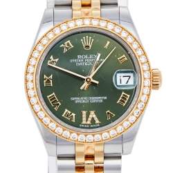 Pre Owned Rolex Green 18K Yellow Gold & Stainless Steel Diamond Datejust 178383 Automatic Women's Wristwatch 31 mm