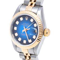 Pre Owned Rolex Blue 18K Yellow Gold & Stainless Steel Diamonds Datejust 69173 Automatic Women's Wristwatch 26 mm