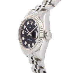 Pre Owned Rolex Black Diamonds 18k White Gold And Stainless Steel Datejust 179174 Women's Wristwatch 26 MM